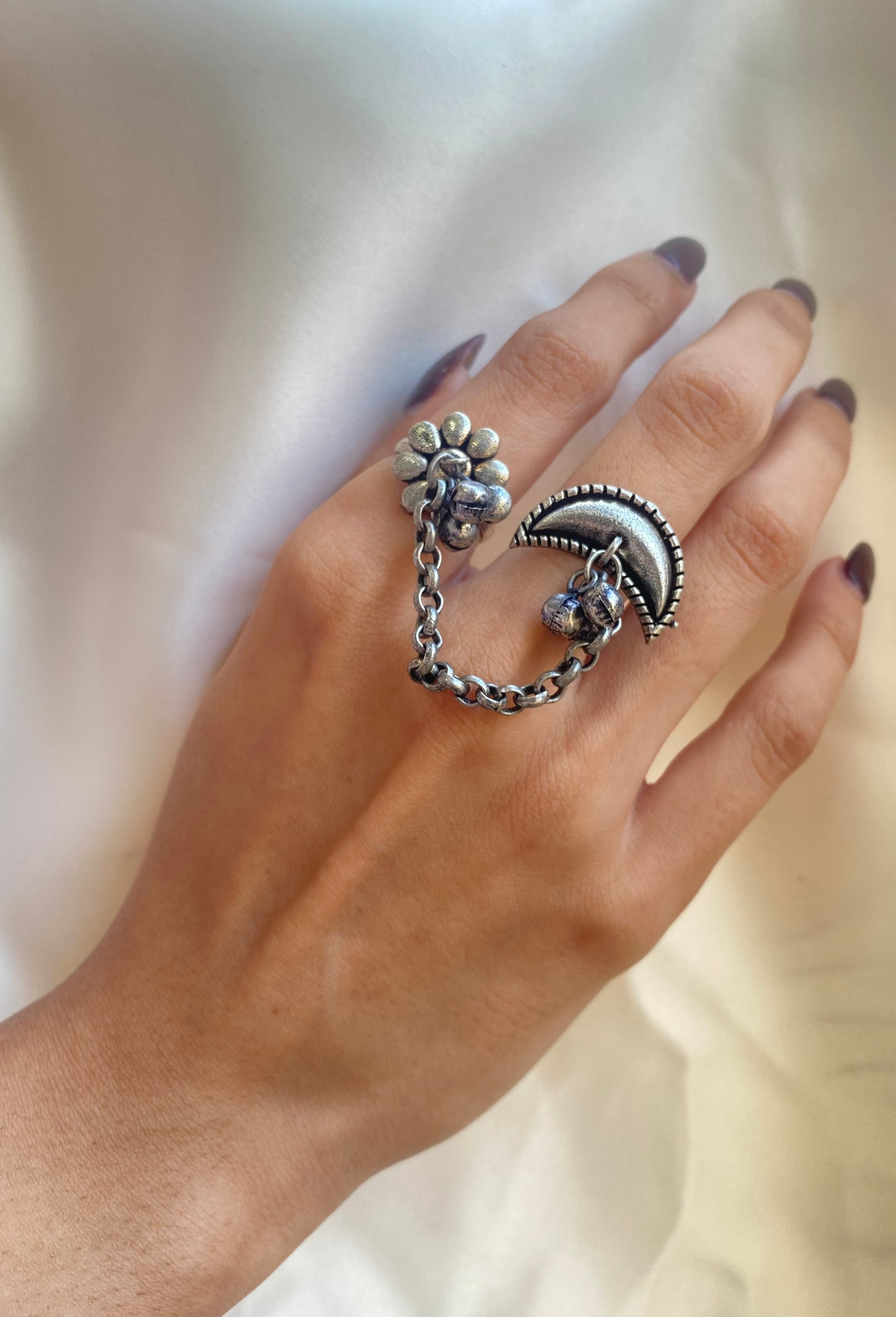 Adjustable Two Finger Crescent Moon & Flower Ring