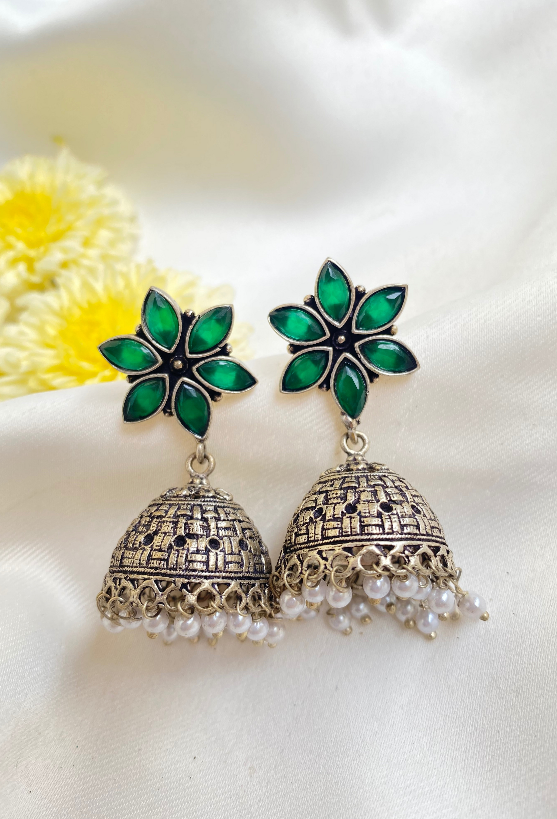 Green Flower Jhumkas