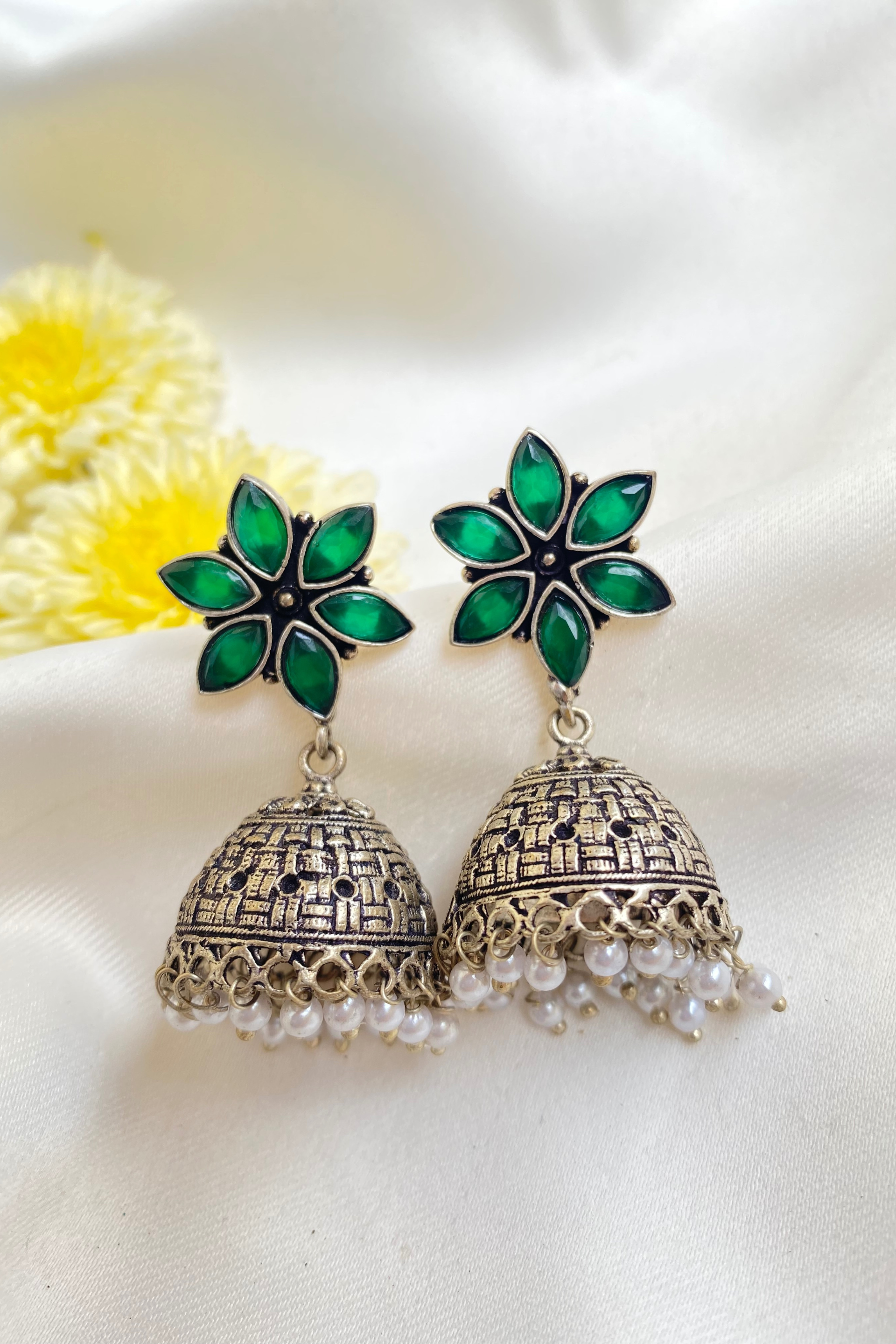 Green Flower Jhumkas