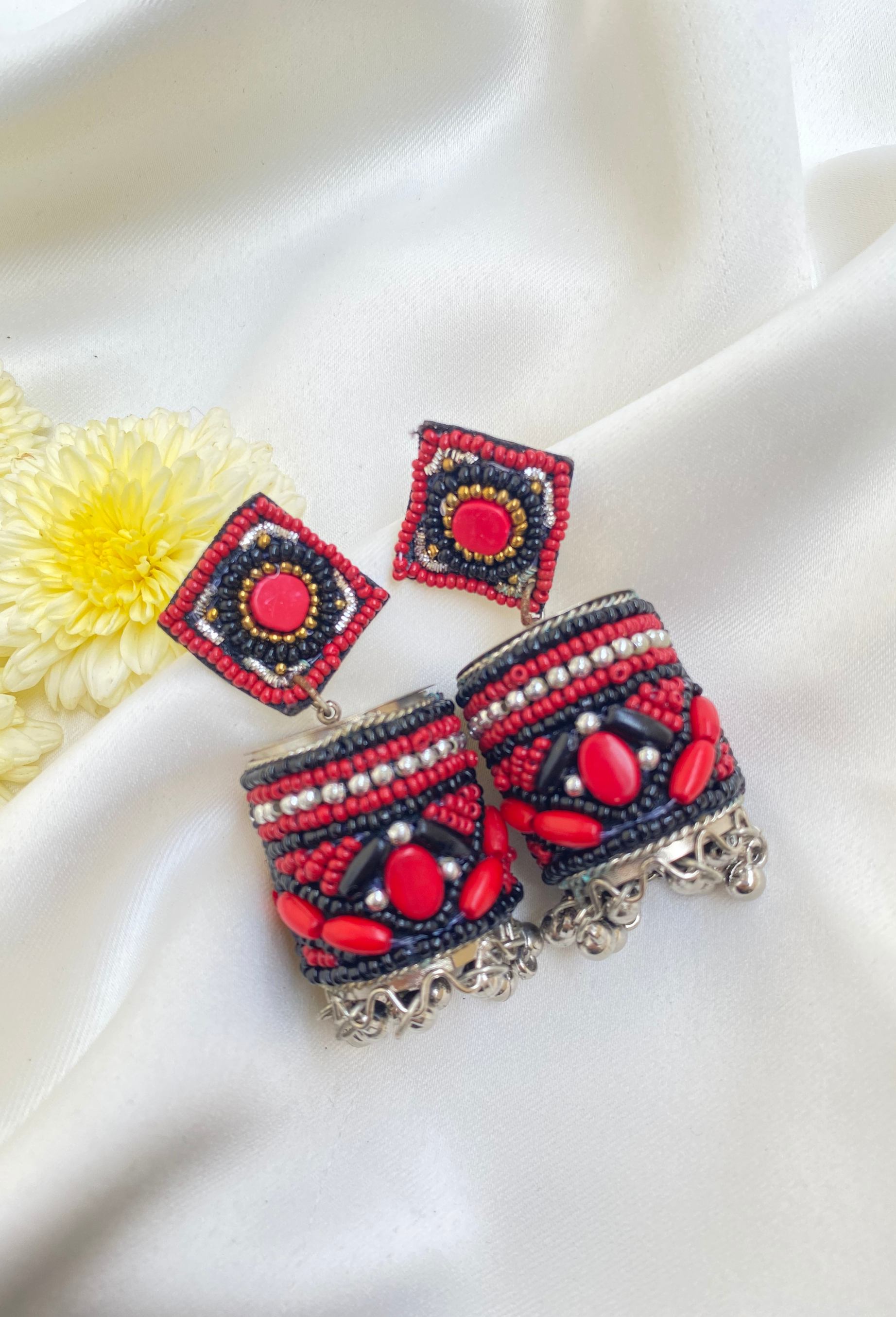 Red & Black Beaded Earrings with Ghungroo